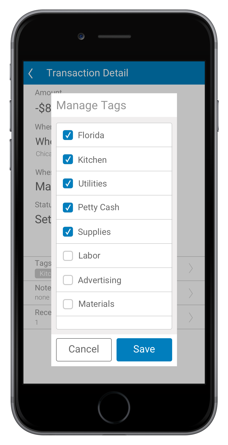 Bento mobile — Manage Tags: checking off Florida, Kitchen, Utilities, Petty Cash, and Supplies for a transaction